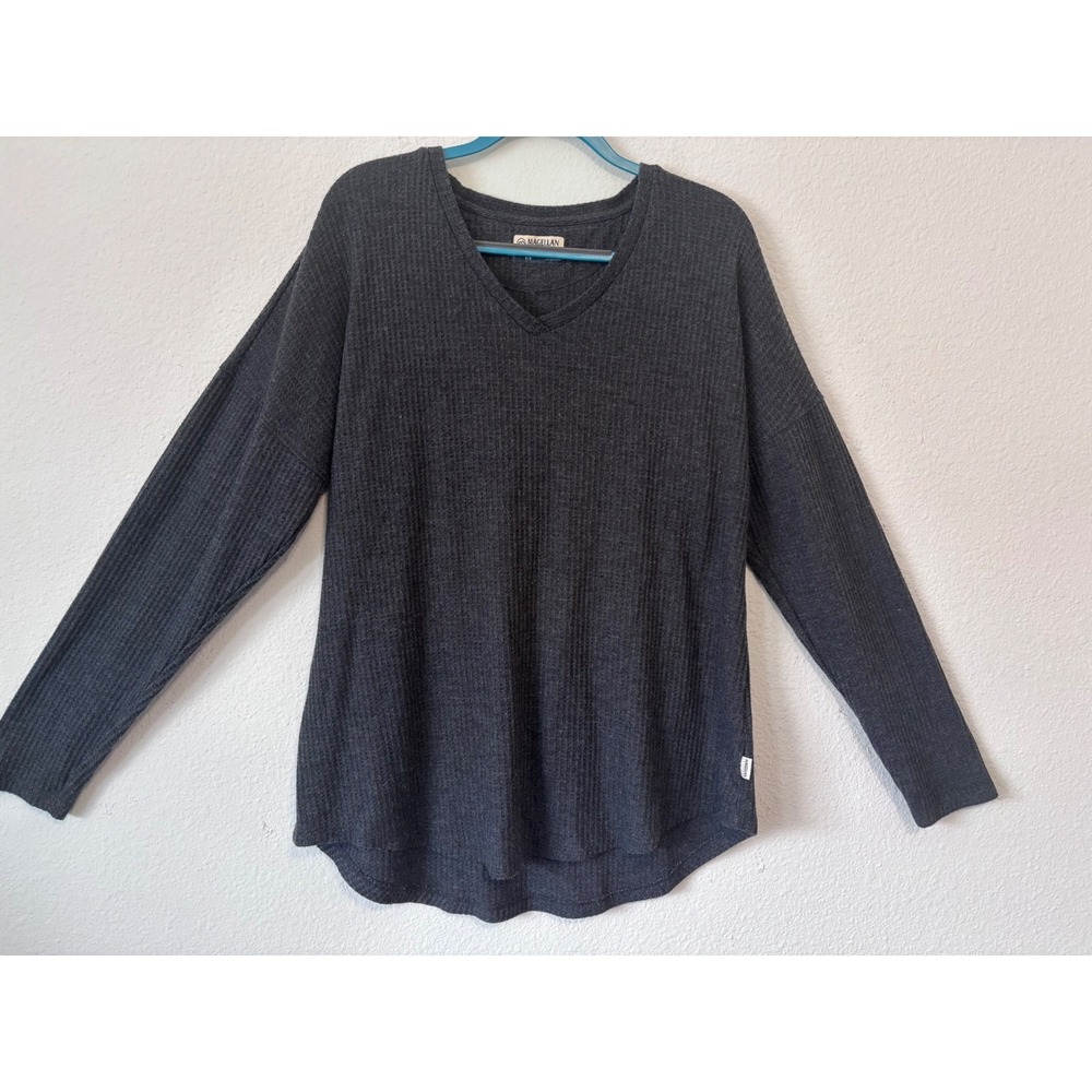 Magellan Womens Top XXL Gray Waffle Knit Boyfriend Fit V Neck Long Sleeve‎